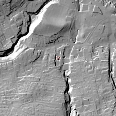 Shaded relief map of the ground around NE462HU, computed from Environment Agency LiDAR. The ground here sits at about 65 m above sea level and falls 67 m across the surrounding 800 m. Surface water reaching this point runs off ground lying to the south-south-west, 23.8 m higher.