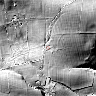 Shaded relief map of the ground around NE462LG, computed from Environment Agency LiDAR. The ground here sits at about 222 m above sea level and falls 58 m across the surrounding 800 m. Surface water reaching this point runs off ground lying to the north-north-east, 11.4 m higher.