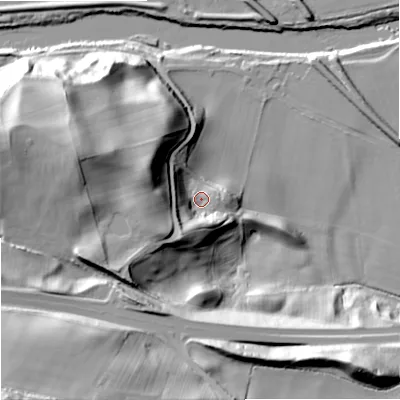 Shaded relief map of the ground around NE462PT, computed from Environment Agency LiDAR. The ground here sits at about 47 m above sea level and falls 56 m across the surrounding 800 m. Surface water reaching this point runs off ground lying to the west-north-west, 23.9 m higher.