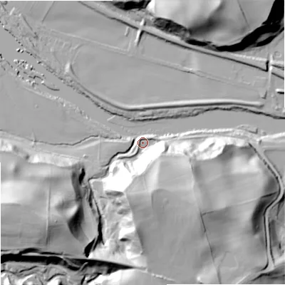 Shaded relief map of the ground around NE462PU, computed from Environment Agency LiDAR. The ground here sits at about 40 m above sea level and falls 53 m across the surrounding 800 m. Surface water reaching this point runs off ground lying to the south-west, 50.2 m higher.