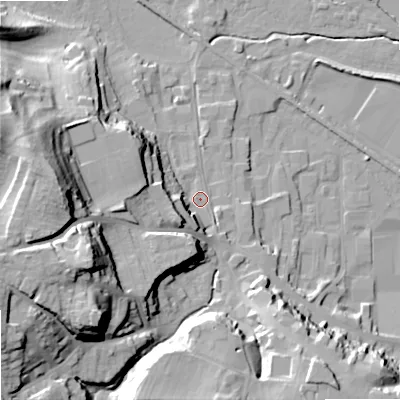 Shaded relief map of the ground around NE463BF, computed from Environment Agency LiDAR. The ground here sits at about 39 m above sea level and falls 38 m across the surrounding 800 m. Surface water reaching this point runs off ground lying to the west-south-west, 30.7 m higher.