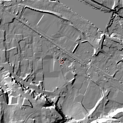 Shaded relief map of the ground around NE463BS, computed from Environment Agency LiDAR. The ground here sits at about 34 m above sea level and falls 27 m across the surrounding 800 m. Surface water reaching this point runs off ground lying to the west-south-west, 6.5 m higher.