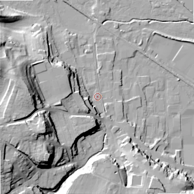 Shaded relief map of the ground around NE463EY, computed from Environment Agency LiDAR. The ground here sits at about 38 m above sea level and falls 39 m across the surrounding 800 m. Surface water reaching this point runs off ground lying to the west-south-west, 31.6 m higher.