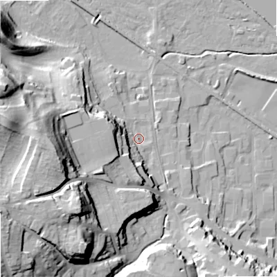 Shaded relief map of the ground around NE463EZ, computed from Environment Agency LiDAR. The ground here sits at about 38 m above sea level and falls 41 m across the surrounding 800 m. Surface water reaching this point runs off ground lying to the west, 31.7 m higher.