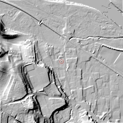 Shaded relief map of the ground around NE463HA, computed from Environment Agency LiDAR. The ground here sits at about 37 m above sea level and falls 41 m across the surrounding 800 m. Surface water reaching this point runs off ground lying to the west-south-west, 32.2 m higher.