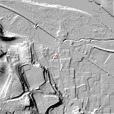 Shaded relief map of the ground around NE463HB, computed from Environment Agency LiDAR. The ground here sits at about 36 m above sea level and falls 40 m across the surrounding 800 m. Surface water reaching this point runs off ground lying to the south-west, 34.4 m higher.