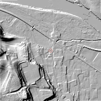 Shaded relief map of the ground around NE463HD, computed from Environment Agency LiDAR. The ground here sits at about 36 m above sea level and falls 40 m across the surrounding 800 m. Surface water reaching this point runs off ground lying to the south-west, 34.8 m higher.