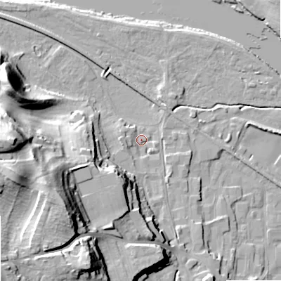 Shaded relief map of the ground around NE463HF, computed from Environment Agency LiDAR. The ground here sits at about 36 m above sea level and falls 42 m across the surrounding 800 m. Surface water reaching this point runs off ground lying to the south-west, 16.1 m higher.