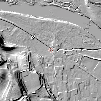Shaded relief map of the ground around NE463HG, computed from Environment Agency LiDAR. The ground here sits at about 36 m above sea level and falls 41 m across the surrounding 800 m. Surface water reaching this point runs off ground lying to the south-west, 33.6 m higher.