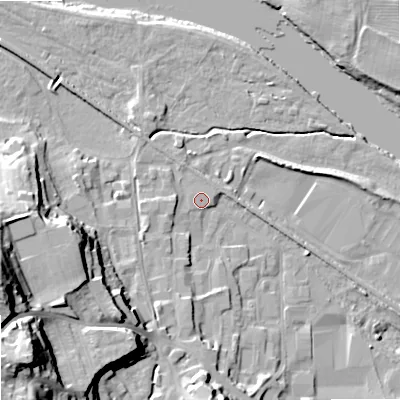 Shaded relief map of the ground around NE463HJ, computed from Environment Agency LiDAR. The ground here sits at about 36 m above sea level and falls 38 m across the surrounding 800 m. Surface water reaching this point runs off ground lying to the west-south-west, 1.6 m higher.