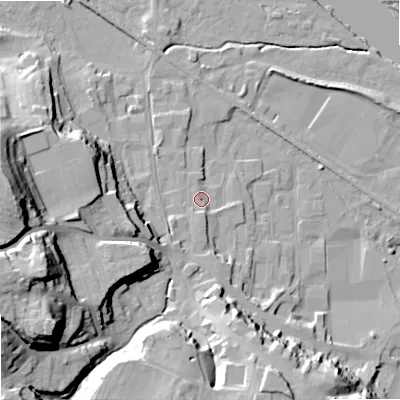 Shaded relief map of the ground around NE463HN, computed from Environment Agency LiDAR. The ground here sits at about 37 m above sea level and falls 38 m across the surrounding 800 m. Surface water reaching this point runs off ground lying to the south-west, 30.6 m higher.