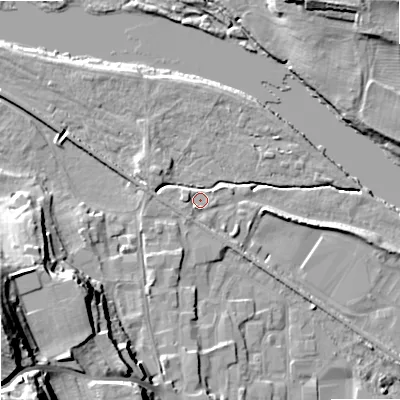 Shaded relief map of the ground around NE463HQ, computed from Environment Agency LiDAR. The ground here sits at about 35 m above sea level and falls 37 m across the surrounding 800 m. Surface water reaching this point runs off ground lying to the west-north-west, 2.7 m higher.