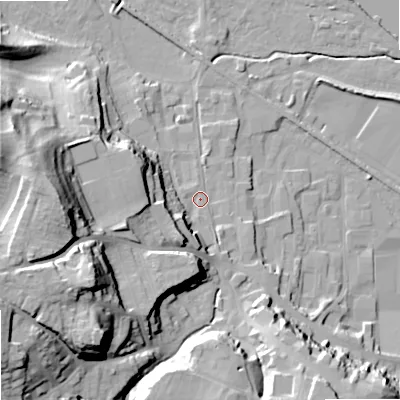 Shaded relief map of the ground around NE463HR, computed from Environment Agency LiDAR. The ground here sits at about 38 m above sea level and falls 39 m across the surrounding 800 m. Surface water reaching this point runs off ground lying to the west-south-west, 15.4 m higher.