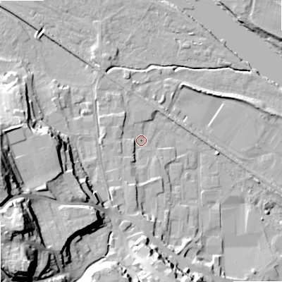 Shaded relief map of the ground around NE463HS, computed from Environment Agency LiDAR. The ground here sits at about 36 m above sea level and falls 38 m across the surrounding 800 m. Surface water reaching this point runs off ground lying to the south-west, 32.9 m higher.