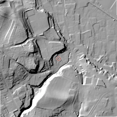 Shaded relief map of the ground around NE463HU, computed from Environment Agency LiDAR. The ground here sits at about 43 m above sea level and falls 38 m across the surrounding 800 m. Surface water reaching this point runs off ground lying to the west-north-west, 10.5 m higher.