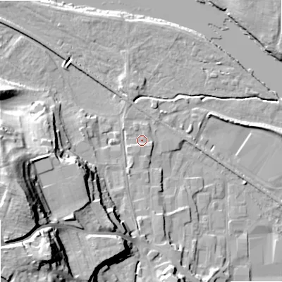 Shaded relief map of the ground around NE463HX, computed from Environment Agency LiDAR. The ground here sits at about 37 m above sea level and falls 38 m across the surrounding 800 m. Surface water reaching this point runs off ground lying to the south-south-west, 1.2 m higher.