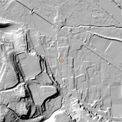 Shaded relief map of the ground around NE463HY, computed from Environment Agency LiDAR. The ground here sits at about 37 m above sea level and falls 38 m across the surrounding 800 m. Surface water reaching this point runs off ground lying to the west-south-west, 32.1 m higher.