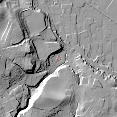Shaded relief map of the ground around NE463LJ, computed from Environment Agency LiDAR. The ground here sits at about 42 m above sea level and falls 38 m across the surrounding 800 m. Surface water reaching this point runs off ground lying to the west-north-west, 11.1 m higher.