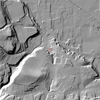 Shaded relief map of the ground around NE463NL, computed from Environment Agency LiDAR. The ground here sits at about 43 m above sea level and falls 39 m across the surrounding 800 m. Surface water reaching this point runs off ground lying to the south-west, 29.2 m higher.