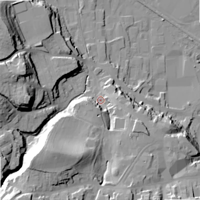 Shaded relief map of the ground around NE463NY, computed from Environment Agency LiDAR. The ground here sits at about 43 m above sea level and falls 39 m across the surrounding 800 m. Surface water reaching this point runs off ground lying to the south-west, 29.2 m higher.
