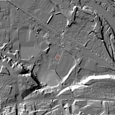 Shaded relief map of the ground around NE463PD, computed from Environment Agency LiDAR. The ground here sits at about 34 m above sea level and falls 35 m across the surrounding 800 m. Surface water reaching this point runs off ground lying to the south-west, 29.5 m higher.
