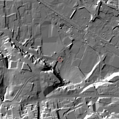 Shaded relief map of the ground around NE463PH, computed from Environment Agency LiDAR. The ground here sits at about 36 m above sea level and falls 38 m across the surrounding 800 m. Surface water reaching this point runs off ground lying to the south-south-west, 33.1 m higher.