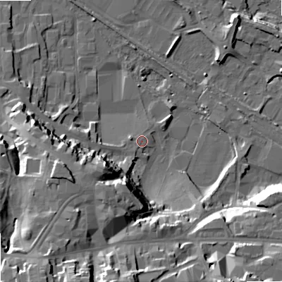 Shaded relief map of the ground around NE463PJ, computed from Environment Agency LiDAR. The ground here sits at about 36 m above sea level and falls 35 m across the surrounding 800 m. Surface water reaching this point runs off ground lying to the south-west, 18.9 m higher.