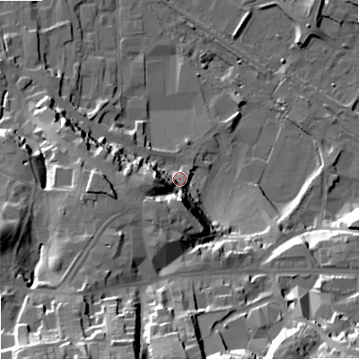Shaded relief map of the ground around NE463PQ, computed from Environment Agency LiDAR. The ground here sits at about 39 m above sea level and falls 38 m across the surrounding 800 m. Surface water reaching this point runs off ground lying to the west-south-west, 18.1 m higher.
