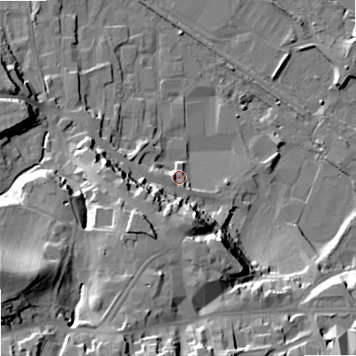 Shaded relief map of the ground around NE463PS, computed from Environment Agency LiDAR. The ground here sits at about 37 m above sea level and falls 36 m across the surrounding 800 m. Surface water reaching this point runs off ground lying to the south-south-west, 20.1 m higher.