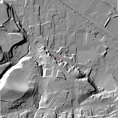 Shaded relief map of the ground around NE463PT, computed from Environment Agency LiDAR. The ground here sits at about 39 m above sea level and falls 37 m across the surrounding 800 m. Surface water reaching this point runs off ground lying to the west-south-west, 12.5 m higher.