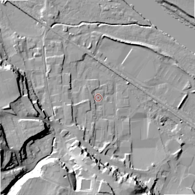 Shaded relief map of the ground around NE463PU, computed from Environment Agency LiDAR. The ground here sits at about 35 m above sea level and falls 31 m across the surrounding 800 m. Surface water reaching this point runs off ground lying to the south-south-west, 5.8 m higher.