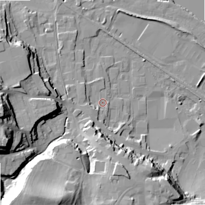 Shaded relief map of the ground around NE463PX, computed from Environment Agency LiDAR. The ground here sits at about 37 m above sea level and falls 38 m across the surrounding 800 m. Surface water reaching this point runs off ground lying to the south-west, 3.9 m higher.