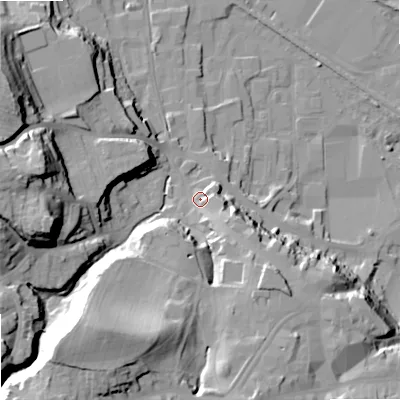 Shaded relief map of the ground around NE463QB, computed from Environment Agency LiDAR. The ground here sits at about 43 m above sea level and falls 37 m across the surrounding 800 m. Surface water reaching this point runs off ground lying to the south-east, 14.4 m higher.