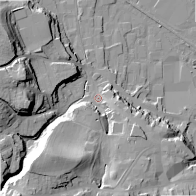 Shaded relief map of the ground around NE463QD, computed from Environment Agency LiDAR. The ground here sits at about 42 m above sea level and falls 36 m across the surrounding 800 m. Surface water reaching this point runs off ground lying to the south-west, 27.6 m higher.