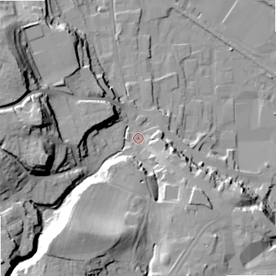 Shaded relief map of the ground around NE463QE, computed from Environment Agency LiDAR. The ground here sits at about 41 m above sea level and falls 36 m across the surrounding 800 m. Surface water reaching this point runs off ground lying to the south-south-west, 22.8 m higher.