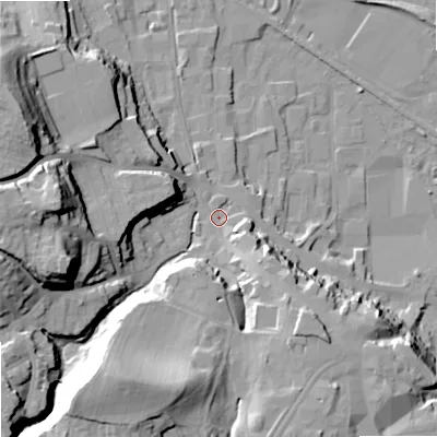 Shaded relief map of the ground around NE463QF, computed from Environment Agency LiDAR. The ground here sits at about 40 m above sea level and falls 36 m across the surrounding 800 m. Surface water reaching this point runs off ground lying to the south-south-west, 22.7 m higher.