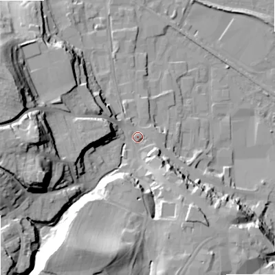 Shaded relief map of the ground around NE463QG, computed from Environment Agency LiDAR. The ground here sits at about 40 m above sea level and falls 36 m across the surrounding 800 m. Surface water reaching this point runs off ground lying to the south-east, 16.0 m higher.