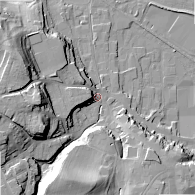 Shaded relief map of the ground around NE463QJ, computed from Environment Agency LiDAR. The ground here sits at about 42 m above sea level and falls 36 m across the surrounding 800 m. Surface water reaching this point runs off ground lying to the south-south-west, 30.0 m higher.