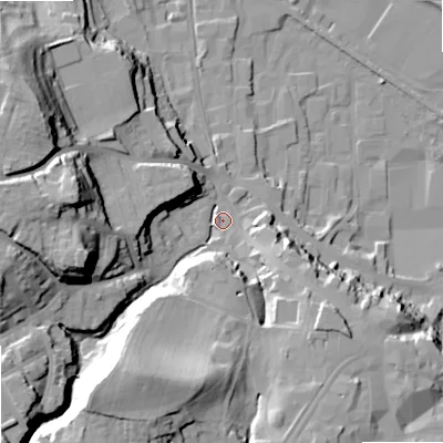 Shaded relief map of the ground around NE463QL, computed from Environment Agency LiDAR. The ground here sits at about 41 m above sea level and falls 36 m across the surrounding 800 m. Surface water reaching this point runs off ground lying to the south-south-west, 30.0 m higher.