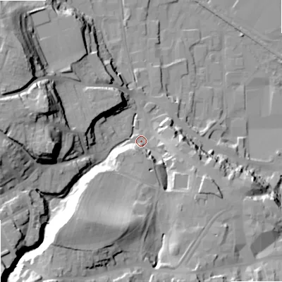 Shaded relief map of the ground around NE463QN, computed from Environment Agency LiDAR. The ground here sits at about 42 m above sea level and falls 37 m across the surrounding 800 m. Surface water reaching this point runs off ground lying to the south-south-west, 28.1 m higher.