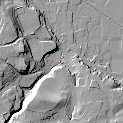 Shaded relief map of the ground around NE463QP, computed from Environment Agency LiDAR. The ground here sits at about 40 m above sea level and falls 37 m across the surrounding 800 m. Surface water reaching this point runs off ground lying to the south-west, 29.4 m higher.