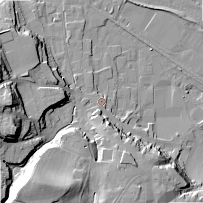 Shaded relief map of the ground around NE463QQ, computed from Environment Agency LiDAR. The ground here sits at about 40 m above sea level and falls 38 m across the surrounding 800 m. Surface water reaching this point runs off ground lying to the south-south-west, 2.8 m higher.