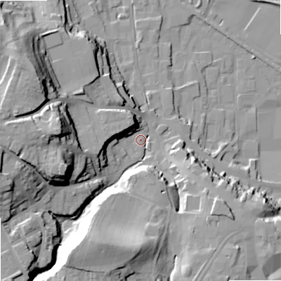 Shaded relief map of the ground around NE463QR, computed from Environment Agency LiDAR. The ground here sits at about 41 m above sea level and falls 36 m across the surrounding 800 m. Surface water reaching this point runs off ground lying to the south-south-west, 30.0 m higher.