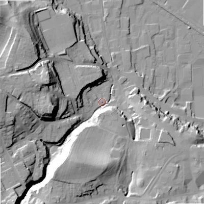 Shaded relief map of the ground around NE463QS, computed from Environment Agency LiDAR. The ground here sits at about 42 m above sea level and falls 37 m across the surrounding 800 m. Surface water reaching this point runs off ground lying to the south-west, 29.7 m higher.