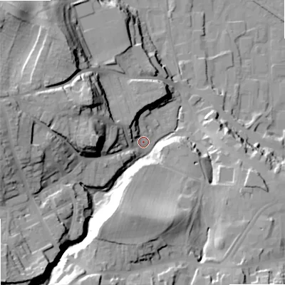 Shaded relief map of the ground around NE463QT, computed from Environment Agency LiDAR. The ground here sits at about 44 m above sea level and falls 41 m across the surrounding 800 m. Surface water reaching this point runs off ground lying to the west, 30.4 m higher.