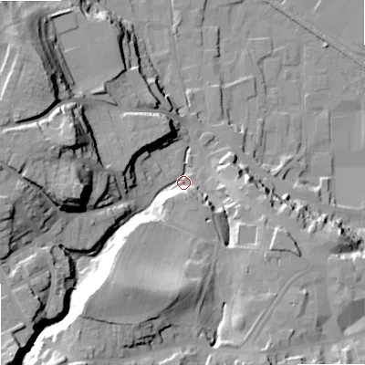 Shaded relief map of the ground around NE463QW, computed from Environment Agency LiDAR. The ground here sits at about 42 m above sea level and falls 38 m across the surrounding 800 m. Surface water reaching this point runs off ground lying to the south-west, 30.9 m higher.