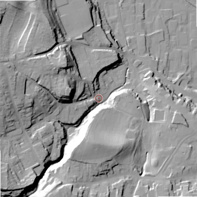 Shaded relief map of the ground around NE463QX, computed from Environment Agency LiDAR. The ground here sits at about 45 m above sea level and falls 41 m across the surrounding 800 m. Surface water reaching this point runs off ground lying to the south-west, 32.5 m higher.