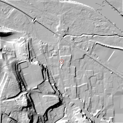 Shaded relief map of the ground around NE463RU, computed from Environment Agency LiDAR. The ground here sits at about 37 m above sea level and falls 38 m across the surrounding 800 m. Surface water reaching this point runs off ground lying to the south-west, 33.0 m higher.