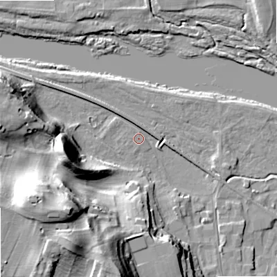 Shaded relief map of the ground around NE463RY, computed from Environment Agency LiDAR. The ground here sits at about 36 m above sea level and falls 42 m across the surrounding 800 m. Surface water reaching this point runs off ground lying to the south-west, 39.3 m higher.