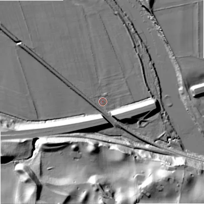 Shaded relief map of the ground around NE463SA, computed from Environment Agency LiDAR. The ground here sits at about 38 m above sea level and falls 43 m across the surrounding 800 m. Surface water reaching this point runs off ground lying to the south-east, 10.4 m higher.